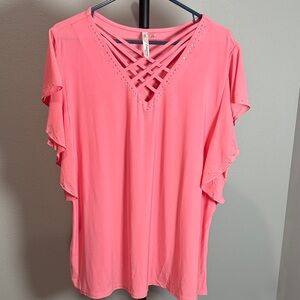 Cato Coral Blouse with Crisscross Neckline